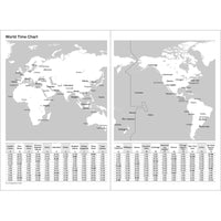 World map with time zones and a table of world time zones on a white background